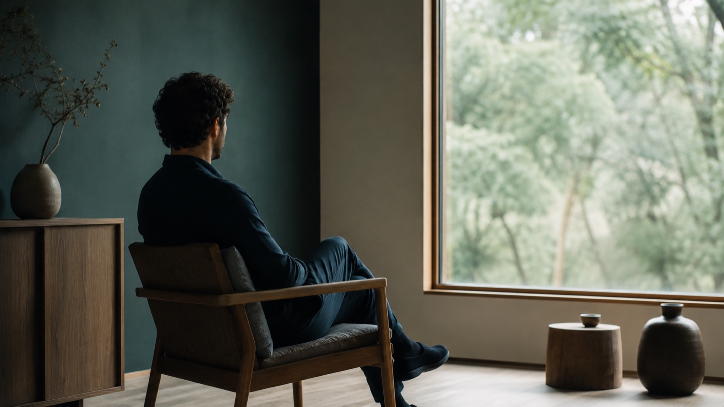 Ambiente calmo: adulto em momento de introspecção junto à janela